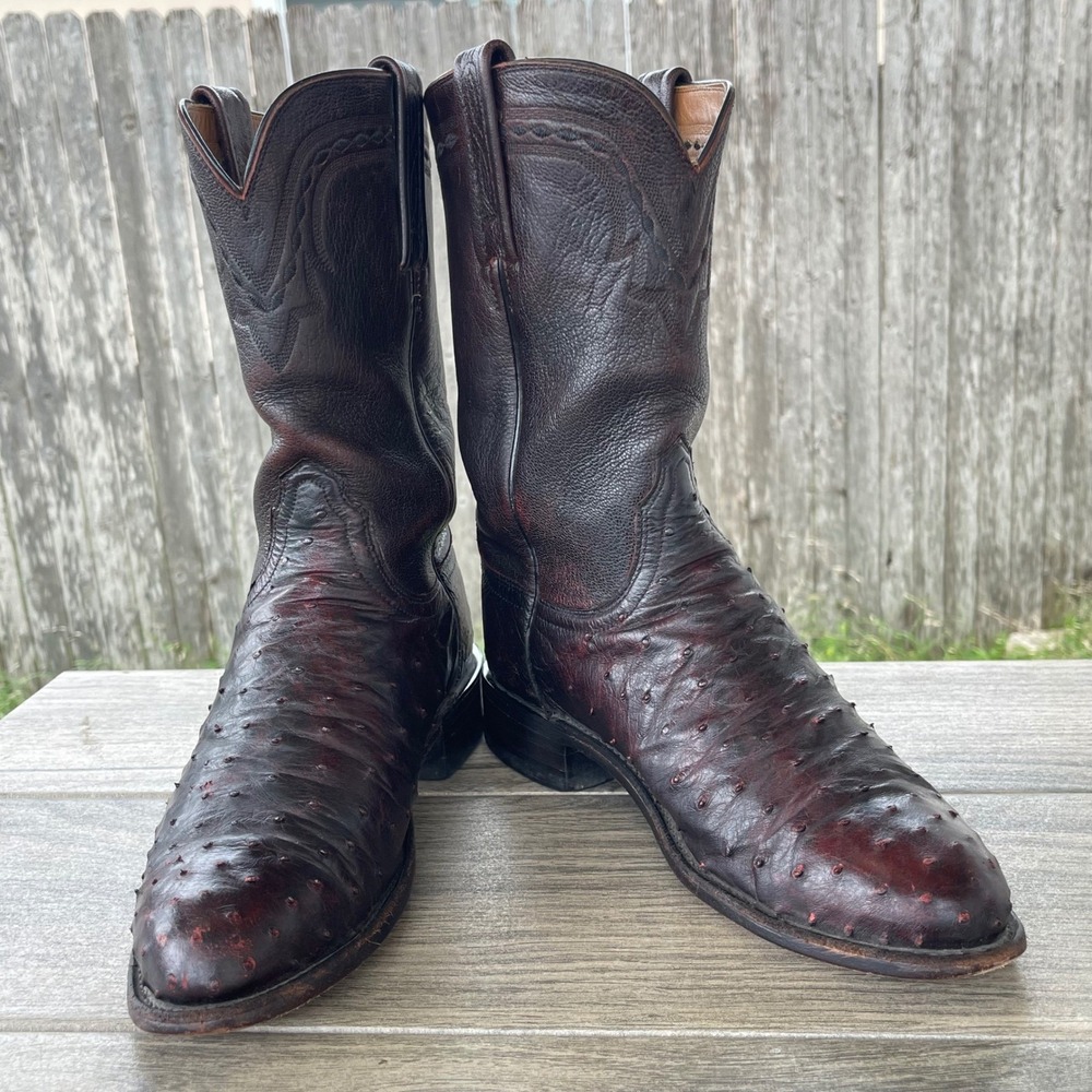 Lucchese 2000 Cowboy Boots Men 8 B Black Cherry Ostrich Full Quill Western Rodeo